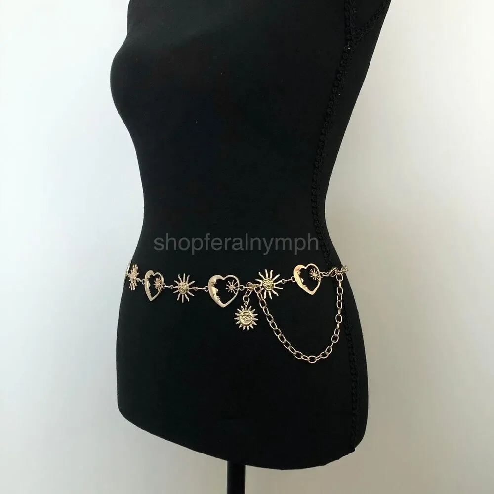 Celestial Gold Sun Heart Crescent Moon Chain Belt, Fits 20–39.5 Inches, X7GA1158
